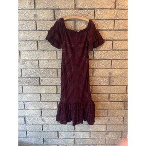 Cinq À Sept Burgundy Lace Ruffle Midi Dress With Tiered Sleeves & Lining - Size